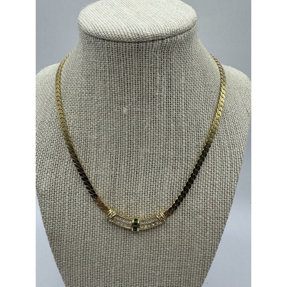 Christian Dior Green Clear Swarovski Crystal NECKLACE 1980s Vintage 15" 2" CHAIN